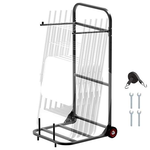 VEVOR Folding Chair Rack, 100 LBS Capacity, Heavy-Duty Chair Cart for Hanging 10 Chairs, Multi-Function Metal Chair Storage Dolly with Rubber Wheels, Push-Style Chair Holder, Matte Black