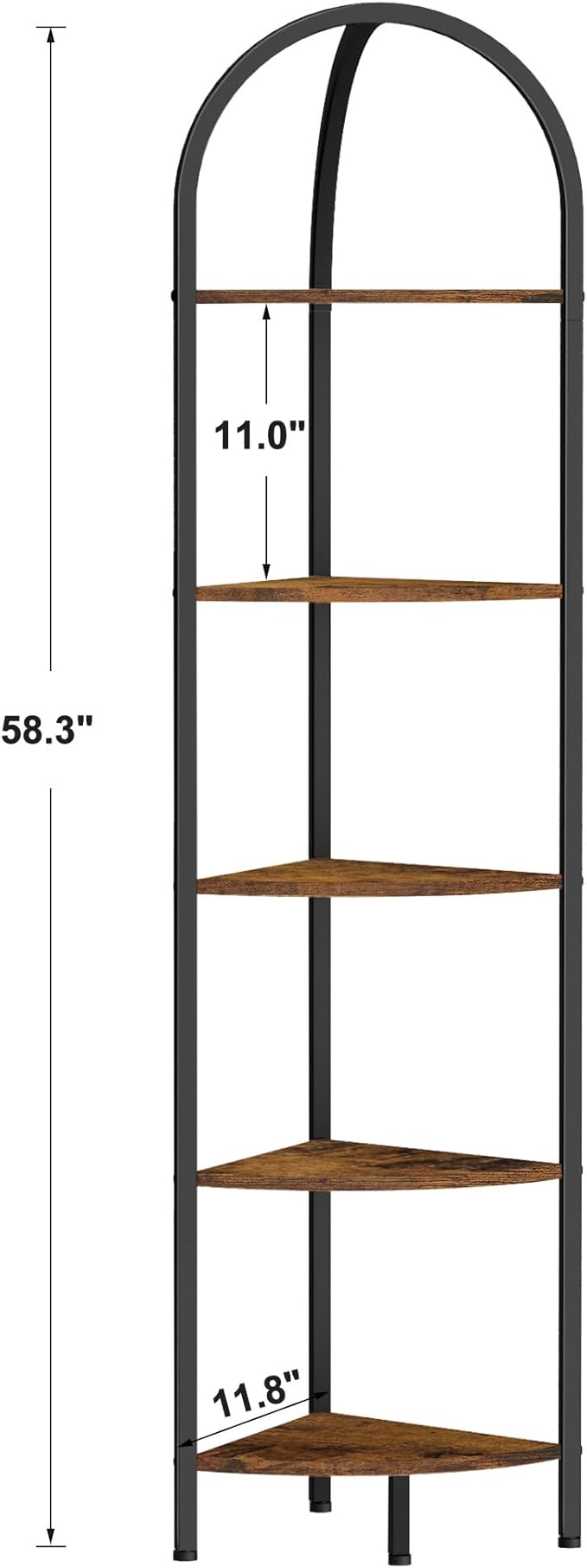 Homhedy 5-Tier Arched Corner Shelf Stand, Wall Corner Bookshelf | Metal Frame, Plant Stand, Industrial Storage Rack Shelf for Living Room, Bedroom, Office, Bathroom, Rustic Brown