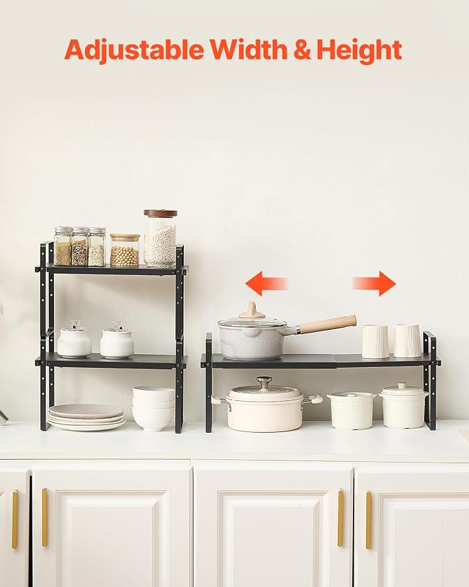 VEVOR Adjustable Kitchen Cabinet Shelf Organizer, Expandable 2 Tier Cabinet Shelf, Stackable Countertop Organizers and Storage Risers, Pantry for Kitchen Bathroom Office, Black