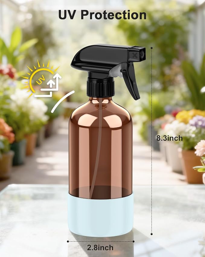 Bontip Amber Glass Spray Bottle with Silicone Sleeve Protection, 16 oz Refillable Spray Bottles for Cleaning Solutions, Plants, Aromatherapy, Facial Hydration (3, Black & Brown & Blue, 16 oz)