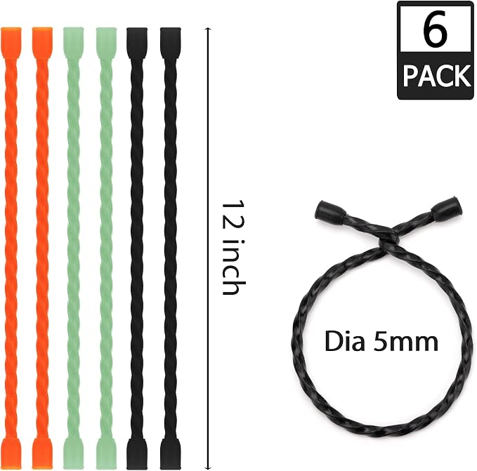 6 PCS 12-Inch Silicone Cable Ties Dia 5mm Reusable Steel-Core Rubber Twist Ties Bendable Cable Ties for Bundling and Holding, All Purpose Cord Tie for Indoor and Outdoor (Orange,Green,Black)