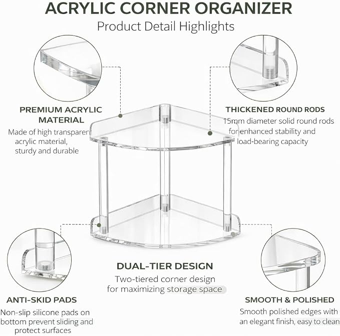2 Tier Clear Acrylic Bathroom Corner Organizer, Countertop Vanity Tray for Makeup, Cosmetics, Perfume - Freestanding Storage Shelf for Bathroom, Bedroom, Kitchen