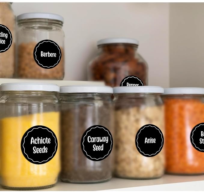 Andiker 144Pcs Spice Jar Labels, Preprinted Self-Adhesive Spice Jar Stickers, Waterproof Seasoning Label Stickers for Jars Bottles and Containers (Round, Black)