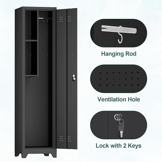 Slim Cabinet for Small Spaces, Metal Bathroom Storage Cabinet with Shelves, Hooks, Narrow Locking Cabinets with 2 Keys, 65” H Tall Storage for Home Office, Living Room, Dining Room, Black