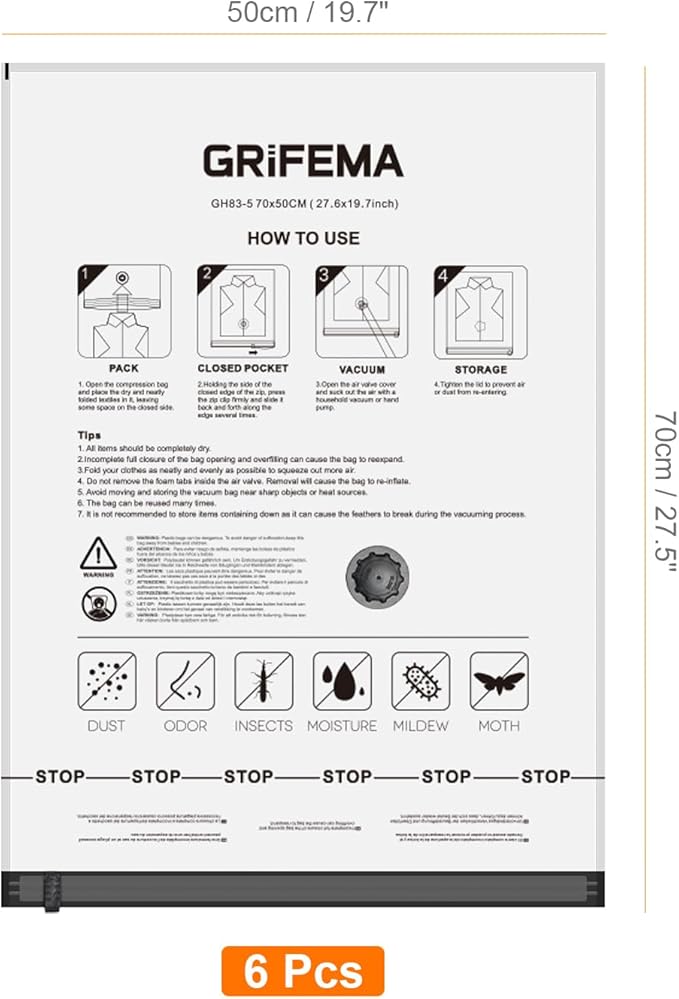 GRIFEMA GH83-5, 6 Pack Vacuum Storage Bags 70x50 cm - Reusable Space Saver Bags for Blankets, Duvets, Clothes, Seasonal Clothing & Travel Luggage Storage