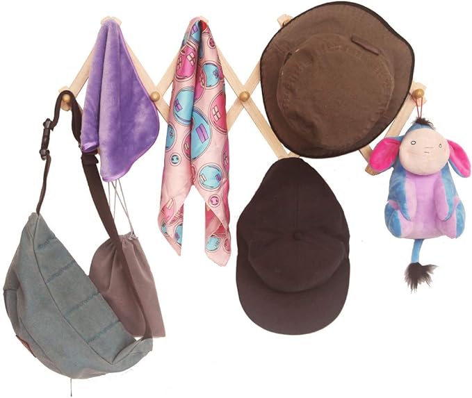AMAPON Accordion Style Expandable Wall Wooden Coat Rack 13 Hooks (Pegs) Hang Hats Jackets Coffee Mug Purses Necklaces Towels Cap Leash Scarves Data Line Kitchenware (2 Packs)