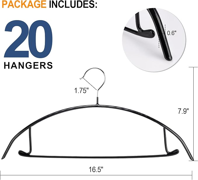 Sweater Hangers No Shoulder Bump, Non-Slip Rubber & Rust-Free Metal | Heavy Duty and Ergonomic Curved for Closet Clothes like Suits Coats Pants Dresses or Shirts, Set of 20, Black Coated