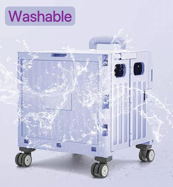 Foldable Rolling Utility Cart with Lid and Telescoping Handle, Collapsible Plastic Storage Crate with 360° Swivel Wheels, Portable Shopping Trolley for Groceries, Travel, Office, and Household Use