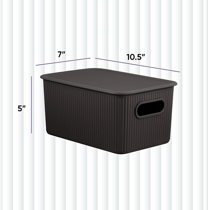 Decorative Plastic Basket Lidded Home Storage Bins Organizer Baskets, Medium Brown (1 Pack - 5 Liter) Stackable Container Box, for Organizing Closet Storage Bins for Shelves - Ribbed Collection