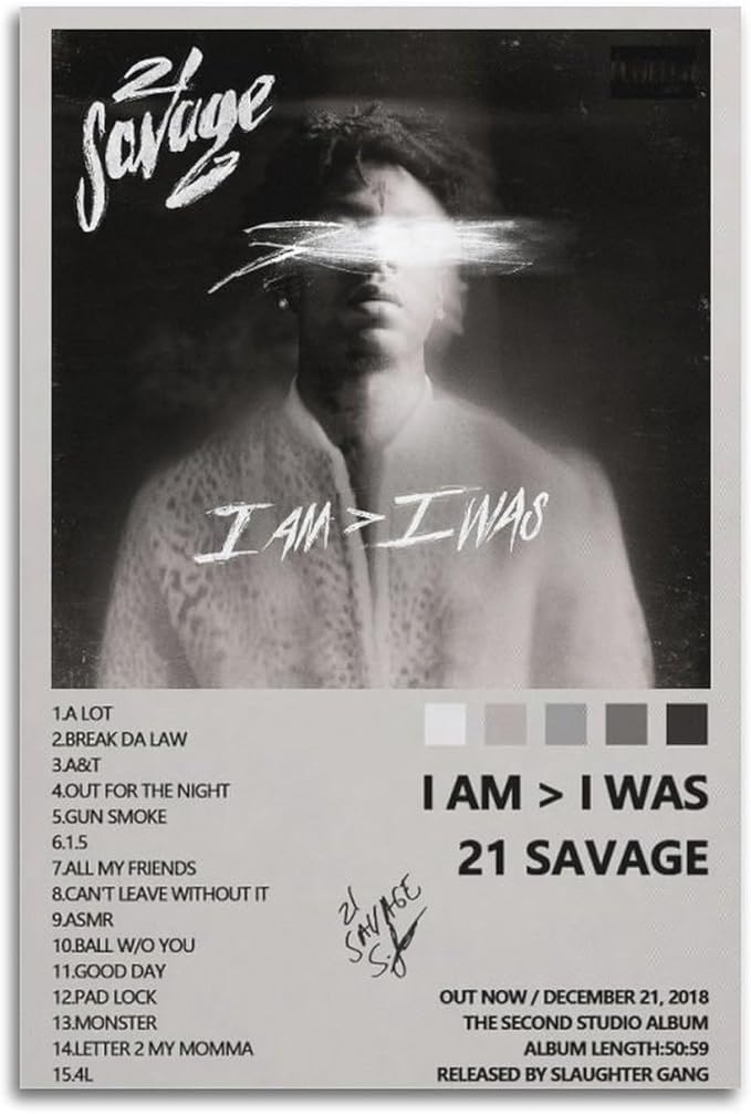 OrdaLi 21 Savage I Am I Am Album Cover Canvas Art Poster - Modern Home Bedroom Living Room Wall Art Picture Print Decor - 12x18inch(30x45cm) Unframed