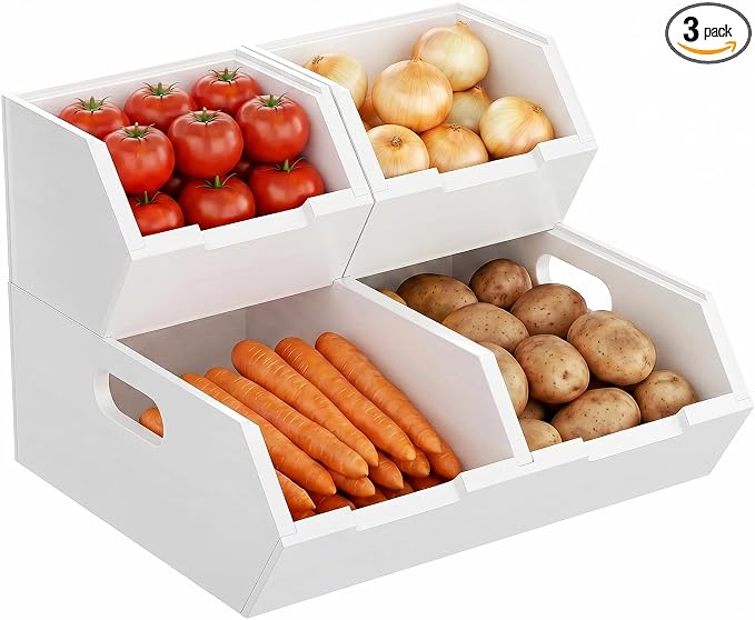 Bamboo Pantry Storage Bins, Potato and Onion Storage Bins for Countertop | Open Front Storage Bins, Large Capacity, Stackable Design, Cut-out Handles, FSC-certified Bamboo, No Assembly, White