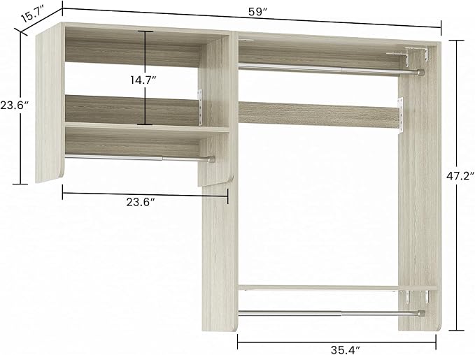 Unikito 36” - 60” Closet System, 5FT Walk in Closet Organizer Starter Kits with 3 Hanging Rod and 3 Shelves, Heavy Duty Reversible Wood Clothing Rack, Cut Be Cut to Fit, Max Load 800 LBS, White Oak