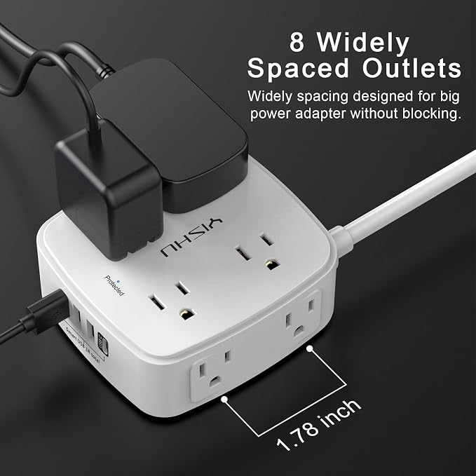 20 Ft Surge Protector Power Strip - 8 Widely Outlets with 4 USB Ports, 3 Side Outlet Extender with 20 Feet Extension Cord, Flat Plug, Wall Mount, Desk USB Charging Station, ETL, White