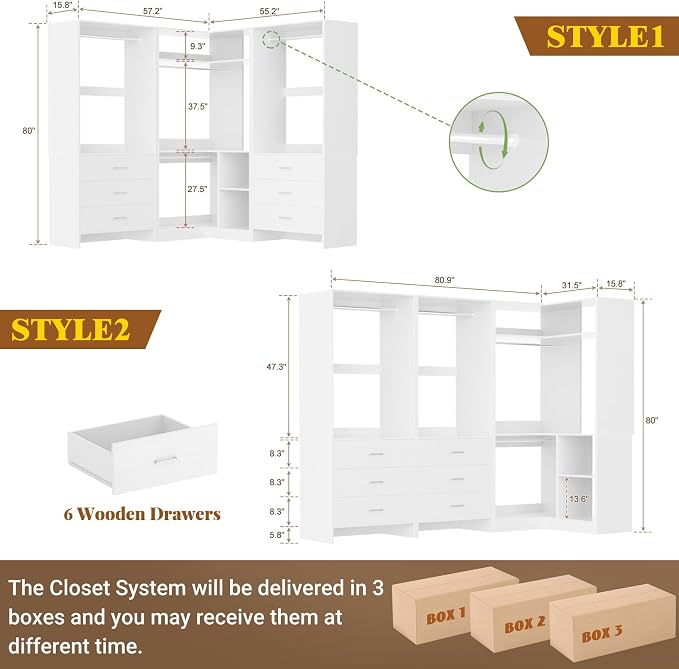 Aheaplus Closet System with 6 Drawers, 4 Hanging Rods & Corner Tower, Corner Closet System with Hanging, 80.9" L-Shaped Walk-In Wardrobe Organizer, 2000+ lbs Capacity, Set of 3, White