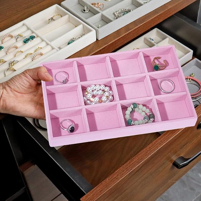 2Pcs Velvet Jewelry Drawer Organizer Trays Stackable Velvet Jewelry Organizer Bulk Pink 12 Girds Stylish Drawer Inserts for Ring Earring Holder Necklace Bracelet Storage Display Women Adults