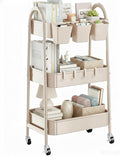 danpinera 3-Tier Rolling Cart, Utility Cart Mobile Metal Rolling Storage Cart with Lockable Wheels & Hanging Cups & Hooks for Kitchen, Bathroom, Office, Workshop, Beige