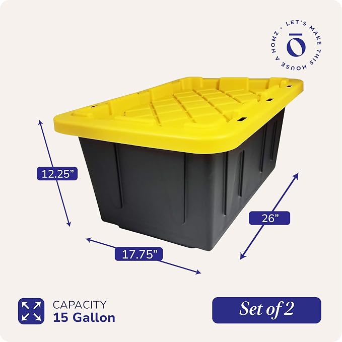 HOMZ 15 Gallon Durabilt Storage Bins, Pack of 2 Heavy Duty Plastic Containers, Secure Snap Lids, 6 Hasp Areas for Tie-Down Straps or Locks, Stackable, Nestable, Organizing Totes | Heavy-Duty Large Stackable Container Boxes for Home, Attic, and Garage O...