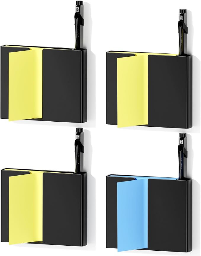 4Pcs Sticky Note Dispenser, Magnetic Sticky Note Holder for Post It Notes, 3 x 3 Inch Sticky Note Pen Organizer for Office Home Classroom, Black