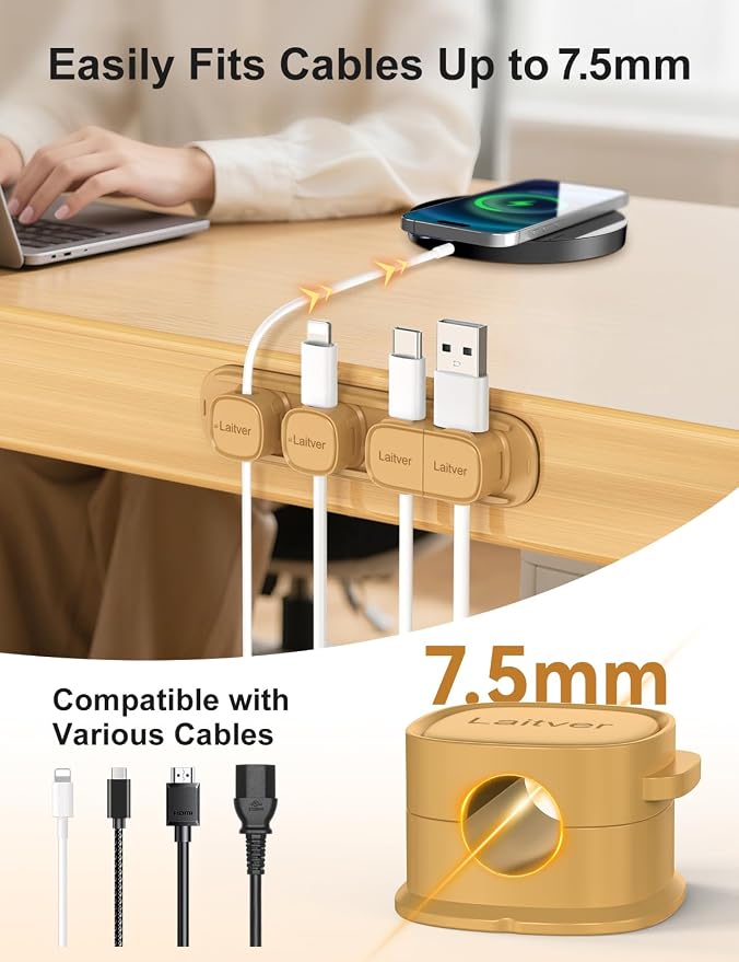 6 Pack Magnetic Cable Clips [1s Open/Lock], Cord Organizer Holder | Strong Adhesive Desk Cable Management- Organize Charging Cords Neatly for Home, Office, Car,Desk, Nightstand-Milk Coffee