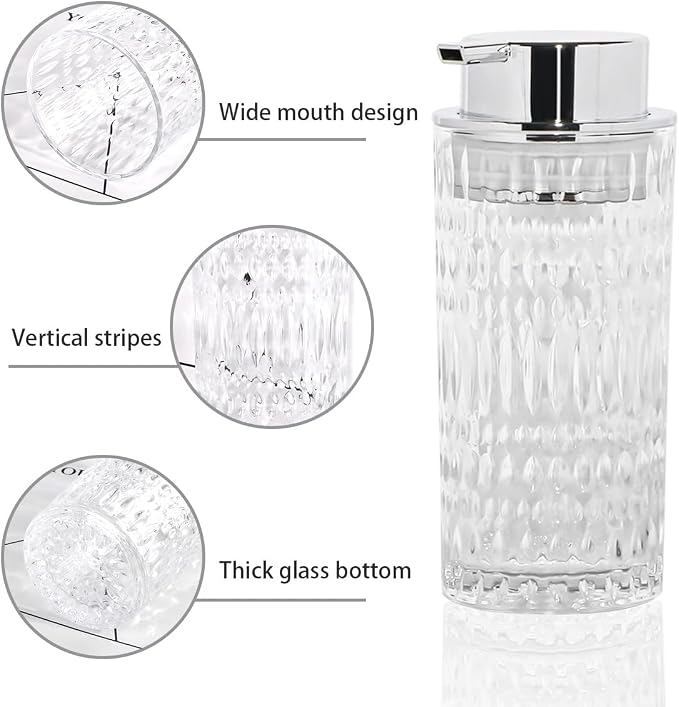 Foam Soap Dispenser, Glass Foaming Hand Soap Dispenser with Pump, 14 Oz Bathroom Refillable Liquid Lotion Pump Bottle Container for Kitchen Countertop Decor (1, Clear Silver)