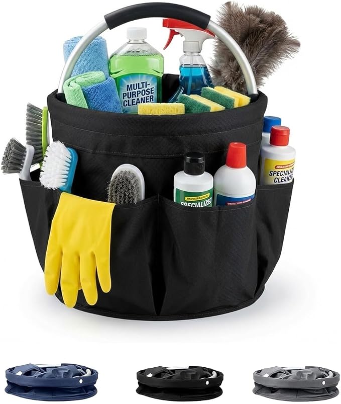 Foldable Cleaning Caddy with Handle 17L Large Cleaning Supplies Organizer 600D Oxford Portable Bucket Basket with 6 Pockets for Home Bathroom Garden Garage - Black
