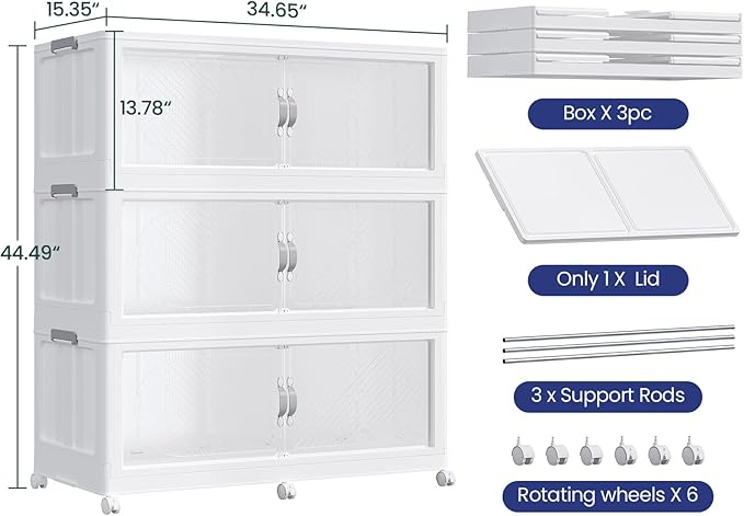 180Gal/720QT 3-Tiers Extra Large Stackable Storage Bins with Lid, Collapsible Cabinet Closet Organizer Plastic Container Box with Wheels Doors Drawers for Living Room Kitchen Office, White