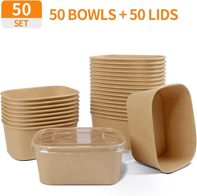 Celel 35 oz Paper Food Containers with Lids 50 Pack Meal Prep Containers | Disposable To Go Food Containers, Soak Proof, Microwavable and Freezer Friendly for Hot/Cold Use, 50 Bowls 50 Lids