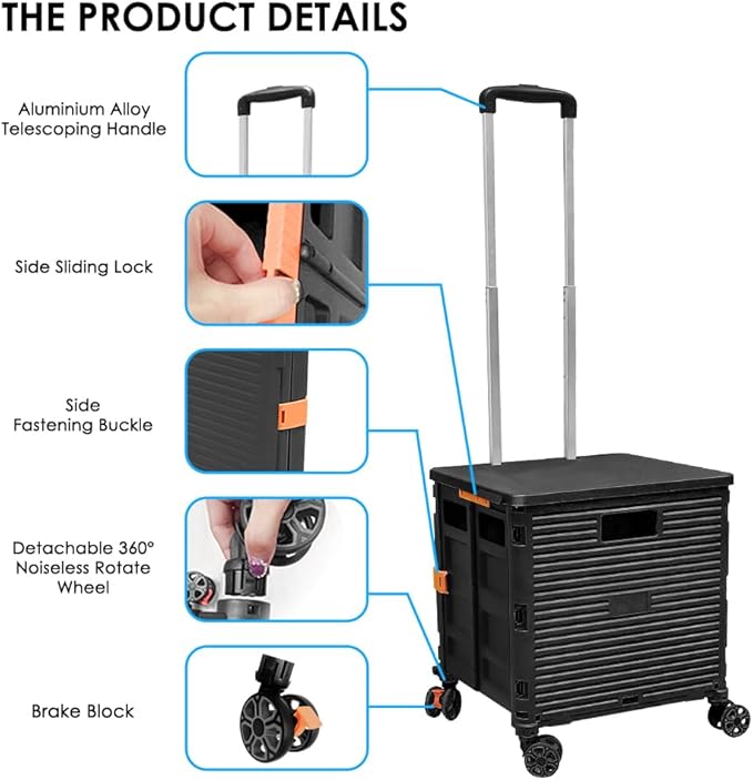 SELORSS Foldable Utility Cart Portable Collapsible Crate Rolling Carts with Wheels Rolling Tote Basket Teacher Cart with Lid Wear-Resistant 360°Rotate Wheel Noiseless for Shopping Storage Office Use