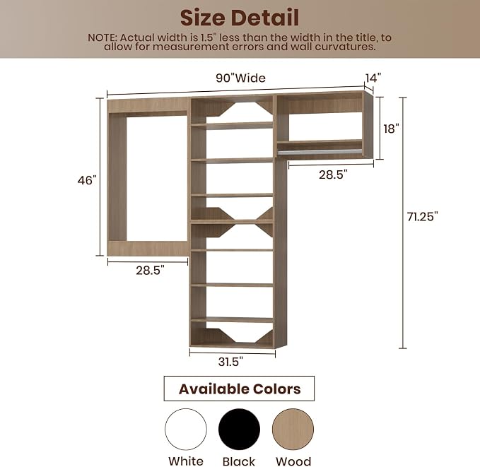 ROOMTEC Modular Closet System, 90" Wall-Mounted Closet Organizer with Hanging Rods, Modern Wooden Tower for Walk-In Closets, Wardrobe Storage Kit, Wood