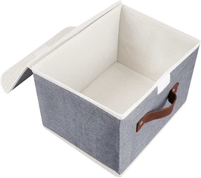 2Pack Storage Bins Boxes with Lids 10" x 8" x 7" Decorative Storage Baskets | Cotton Linen Fabric, Collapsible, Faux Leather Handles, Storage Cubes, Closet Shelf Clothes Organizer Container, Grey