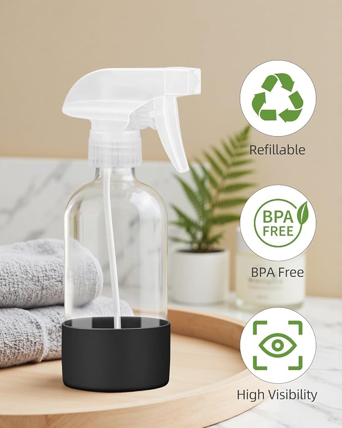 Worldgsb 2 Pack Glass Spray Bottles 8 oz, Empty Refillable Containers with Silicone Sleeve Protection, Glass Spray Bottles for Cleaning Solutions, Hair and Plants with Adjustable Nozzles Black