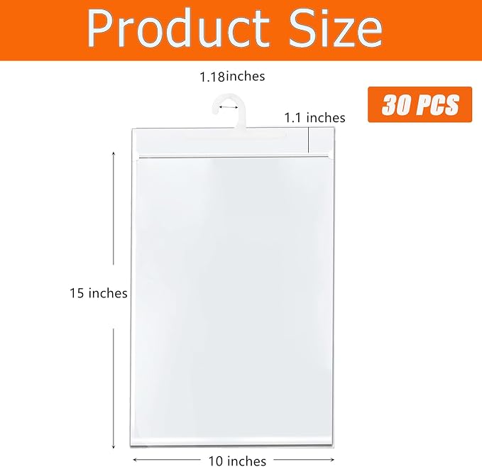 Frcctre 30 Pack 10 x 15 Inches Hanging Storage Bags, Large Hook Reusable Clear Hanging Plastic Bags Hang-Up Plastic Polyethylene Bag Reclosable Zip Bag for Storage Organization
