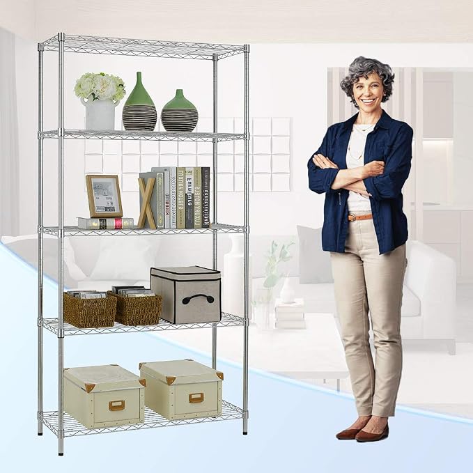 PayLessHere | 5-Tier Wire Shelf | 36"x14"x72" | Chrome | Adjustable Racks | Heavy-Duty Storage Shelves, Holds Upto 1250 lbs | Rust-Resistant, No-Tool Assembly | for Home, Garage Shelving