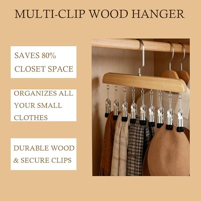 Closet Organizer with 10 Clips, 2026 New Wooden Pants Hangers with 10 Clips Multi-use Hanging Leggings Storage Organizer, Space-Saving Hanger for Skirts Scarves Hats Socks (1Pcs Retro Color)