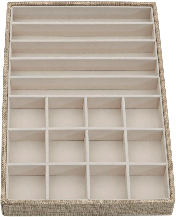 Household Essentials Stackable Jewelry Trays, 3 Varieties, Space for Necklaces, Rings and Earrings, Blended Canvas with Felt Interior, Perfect for Drawers and Closet Shelves, Latte