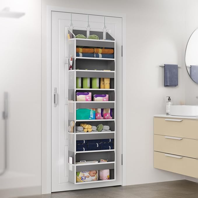 Over the Door Organizer with 5 Front & 10 Mesh Side Pockets, 50LB Capacity Extra Large Hanging Storage Organizer Multi-Room Space-Saving Design with 3 Hook for Closet, Bathroom, Kitchen, Pantry, Grey
