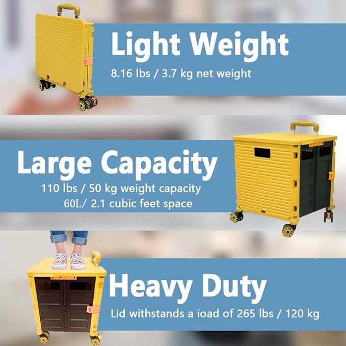 FELICON SELORSS Foldable Utility Cart Folding Portable Rolling Crate Handcart with Durable Heavy Duty Plastic Telescoping Handle Collapsible 4 Rotate Wheels for Travel Shop Move Luggage Office(Yellow)