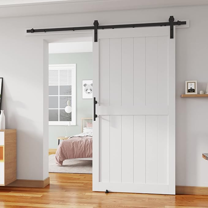 40''x 80'' Sliding Barn Door with 7 Ft Barn Door Hardware Kit | Fits Max 38''x78'' Opening, Pre-Drilled Holes Easy Assembly Water-Proof PVC Surface, H-Frame, White