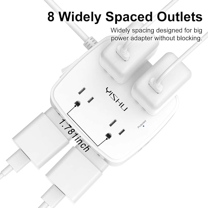 5Ft Surge Protector Power Strip - 8 Widely Outlets with 4 USB Ports, 3 Side Outlet Extender with 5 Feet Extension Cord, Flat Plug, Wall Mount, Desk USB Charging Station, ETL,White