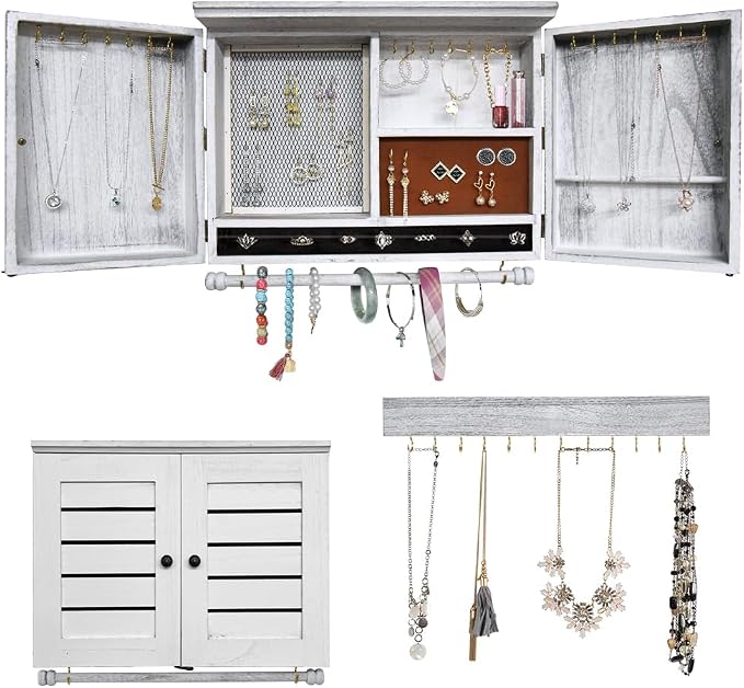 Rustic Wall Mounted Jewelry Organizer,Vintage Wooden Hanging Jewelry Holder Box with Barndoor Decor for Necklaces, Earings, Bracelets, Rings, Accessories. Includes Hook Organizer (MILK WHITE)