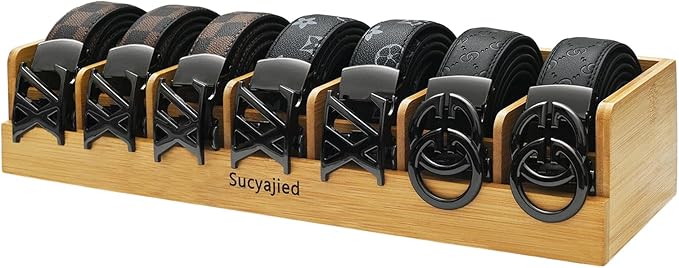 Belt Organizer,Wooden, 7 Compartments | Natural Bamboo Belt Storage Box, For Closet and Drawer, Belt Holder Case, For Belt and Tie , For Men & Women