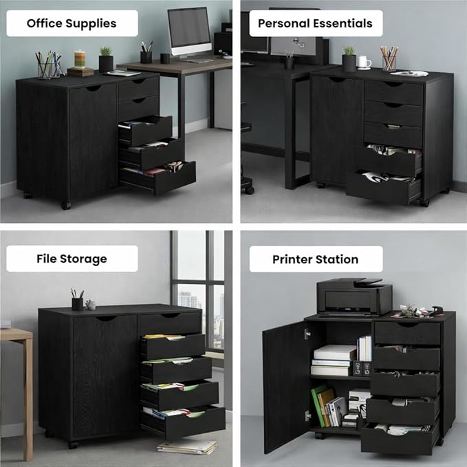 Naomi Home Wooden 5 Drawer Office File Cabinet with Shelves and Wheels, Mobile Storage Cabinet with Drawers for Home Office, Ideal for Under Desk or Printer Stand Use in Distressed Black