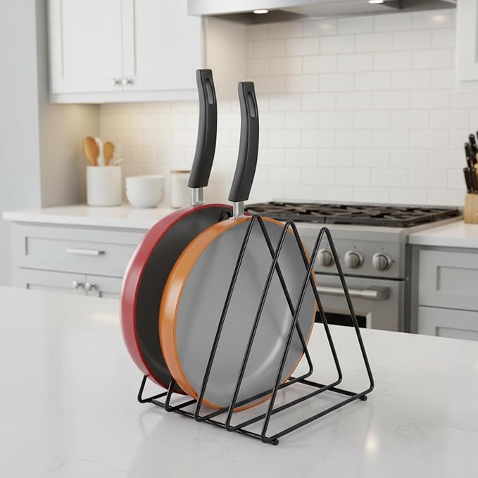 Pots and Pans Organizer 4 Slot Pan Organizers inside Cabinet Cutting Board Holder Sheet Pan Organizer Adjustable Metal Rack for Kitchen Cabinet, Pantry and Countertop Space-Saving Storage