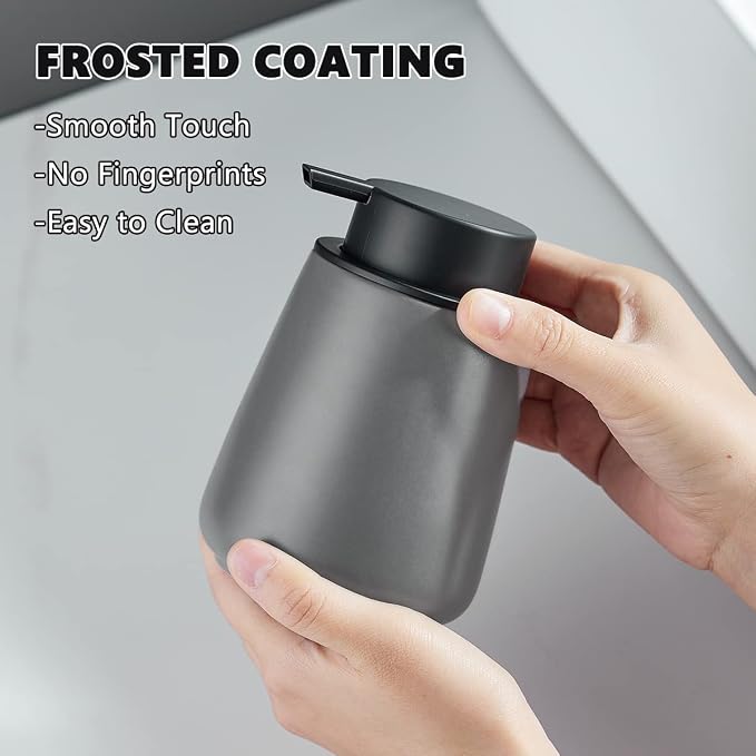 12Oz Grey Foaming Soap Dispenser - Ceramic Foam Hand Soap Dispenser with Easy-to-Press Black Pump, Refillable Bathroom Lotion Soap Dispenser, Dish Soap Dispenser for Kitchen Hand Wash Dispenser