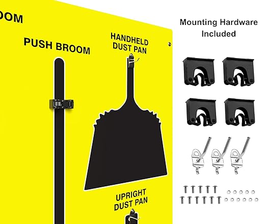 Clean & Sweep 5S Shadow Board/Wall Mount Broom Holder, 68" x 30" Board, 5S Cleaning Station - with Broom and Dustpan Set Included, Made in The USA by AccuformNMC, Yellow/Black, PSB716YLBK