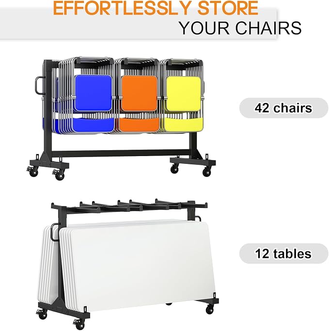 Specraft Folding Chair Rack, Holds 12 Tables or 42 Chairs with 30 PCS Chair Covers, 550 lbs Capacity, Heavy-Duty Cart with Wheels, Elastic Cords, Cover, Glossy Black