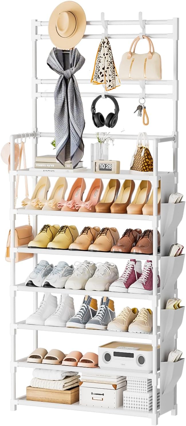 OYREL Shoe Rack 7 Tier Shoe Organizer Storage 21-28 Pairs | Closet Shoes Rack for Front Door Entrance Shoe Rack Organizer with Hooks Side Pocket Entryway Large Capacity Shoe Shelf Tower