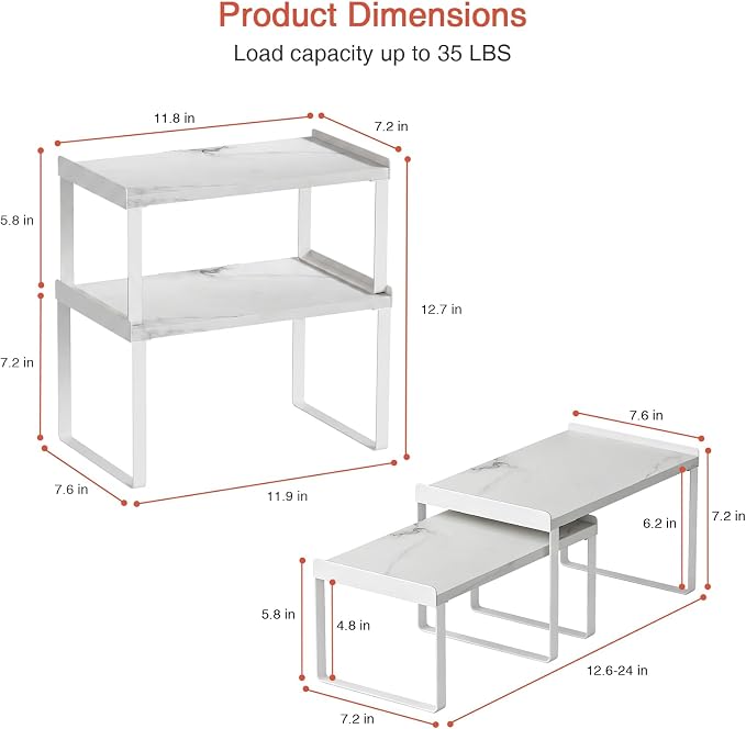 Goozii Counter Shelf Organizer Set of 4, Pantry Shelf Risers for Plates Dishes Cups Mugs Spices, Pantry Cupboard Cabinet Organizers and Storage Shelves Rack Insert for Countertop (White)