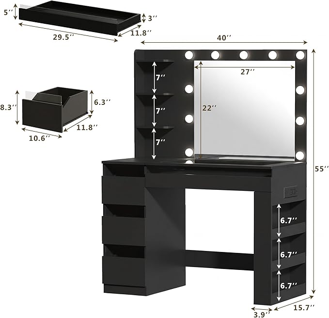 HUAHUU Vanity Desk with Lighted Mirror & Transparent Top, Makeup Vanity Desk with 4 Transparent Drawers and RGB Lighting, Built-in Power Outlet, 3-Tier Side Shelves & Storage Organizer for Bedroom