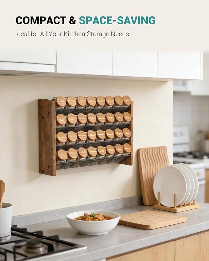 NESAPTO Spice Rack Organizer for Cabinet, Wood 4-Tier Vertical Seasoning Organizer, Wall Mount or Countertop Spice Shelf, Holds 32 Jars (No Jars Included), 15.7" W x 10.3" H